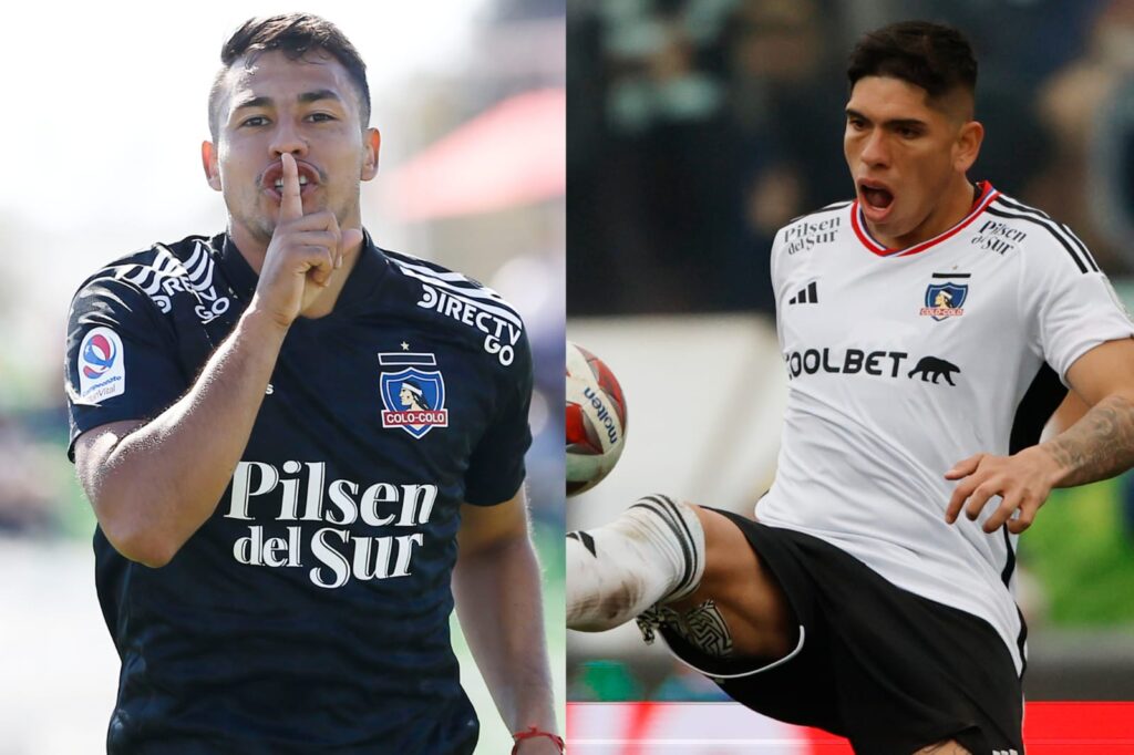 Plano americano de Iván Morales y Carlos Palacios mientras visten la camiseta de Colo-Colo