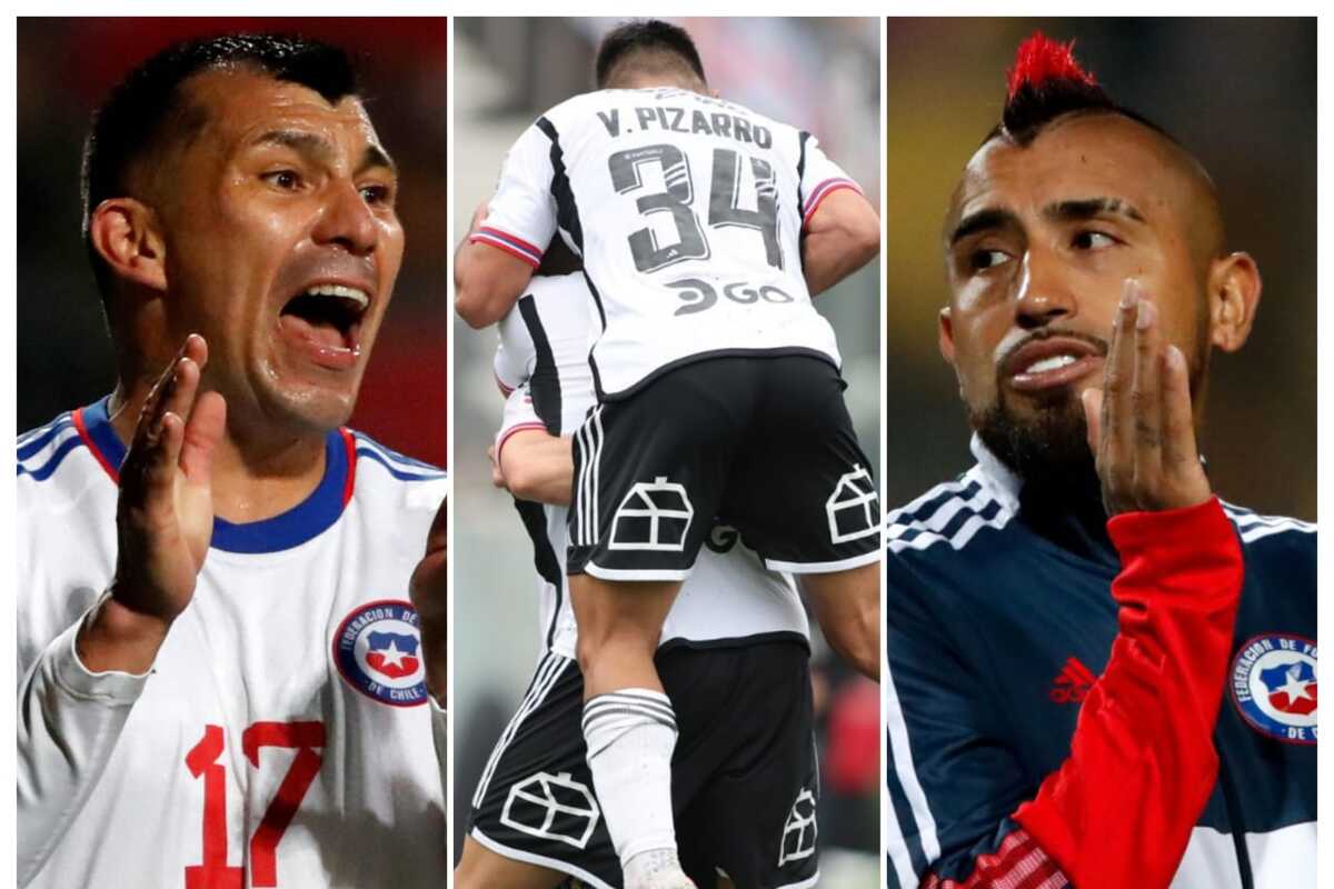 Primer plano al rostro de Gary Medel y Arturo Vidal, actuales jugadores de la selección chilena, sumado a Vicente Pizarro, quien se encuentra abalanzado sobre otro deportista en plena celebración con la casaquilla de Colo-Colo.