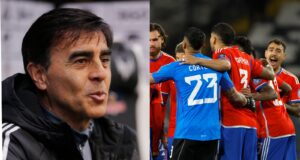 Gustavo Quinteros y jugadores de la Selección Chilena en la previa del duelo ante Colombia en el Estadio Monumental