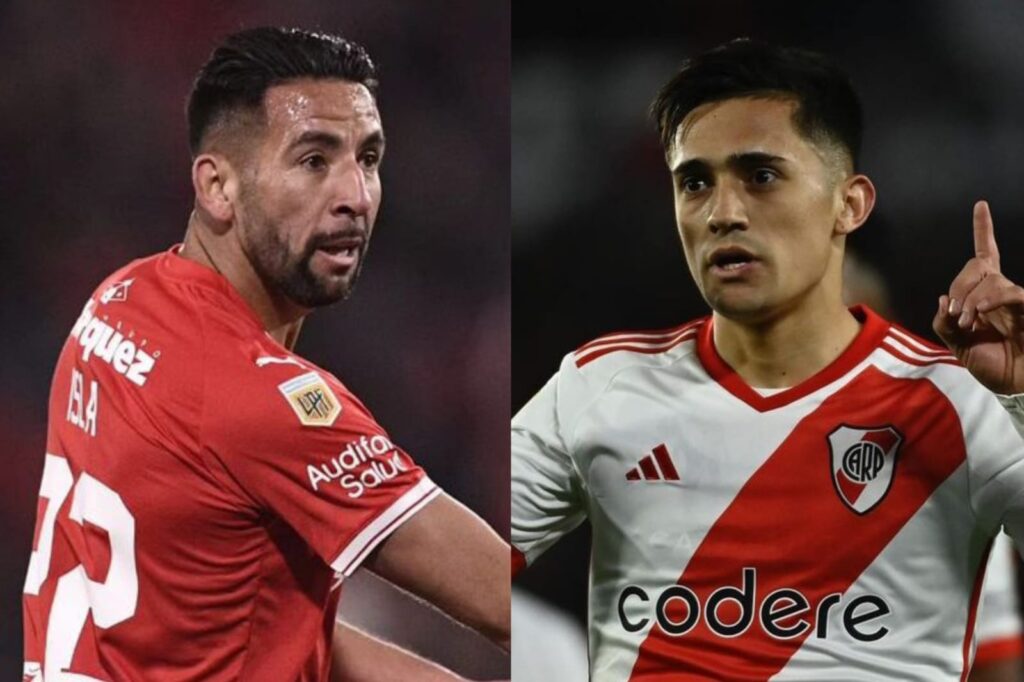 Primer plano a Mauricio Isla con camiseta de Independiente y Pablo Solari con indumentaria de River Plate.