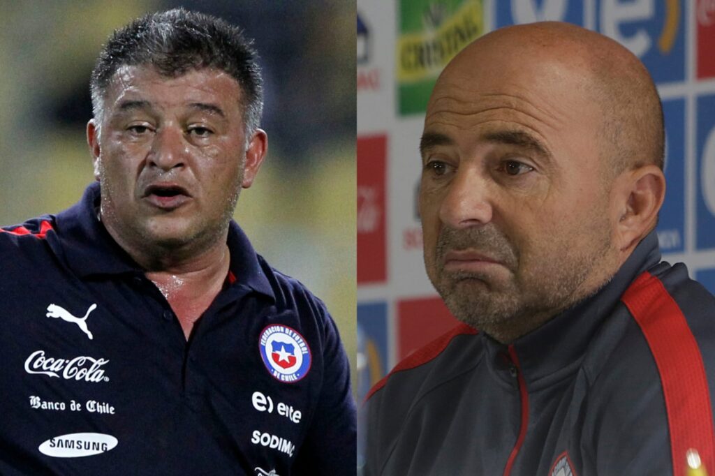 Primer plano a los rostros de Claudio Borghi y Jorge Sampaoli con la indumentaria de la Selección Chilena