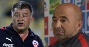 Primer plano a los rostros de Claudio Borghi y Jorge Sampaoli con la indumentaria de la Selección Chilena