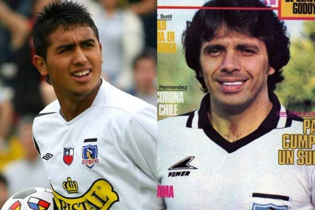 Primer plano a Arturo Vidal y Elías Figueroa con la camiseta de Colo-Colo.