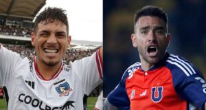 Primer plano a Alan Saldivia y Matías Zaldivia con camisetas de Colo-Colo y Universidad de Chile.