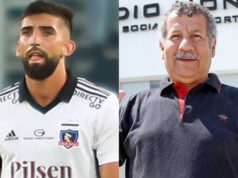 Plano americano de Emiliano Amor con la camiseta de Colo-Colo y Eddio Inostroza en el Estadio Monumental.