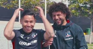 Óscar Opazo y Maximiliano Falcón en el Estadio Monumental, después de grabr sus mejores payas dieciocheras.