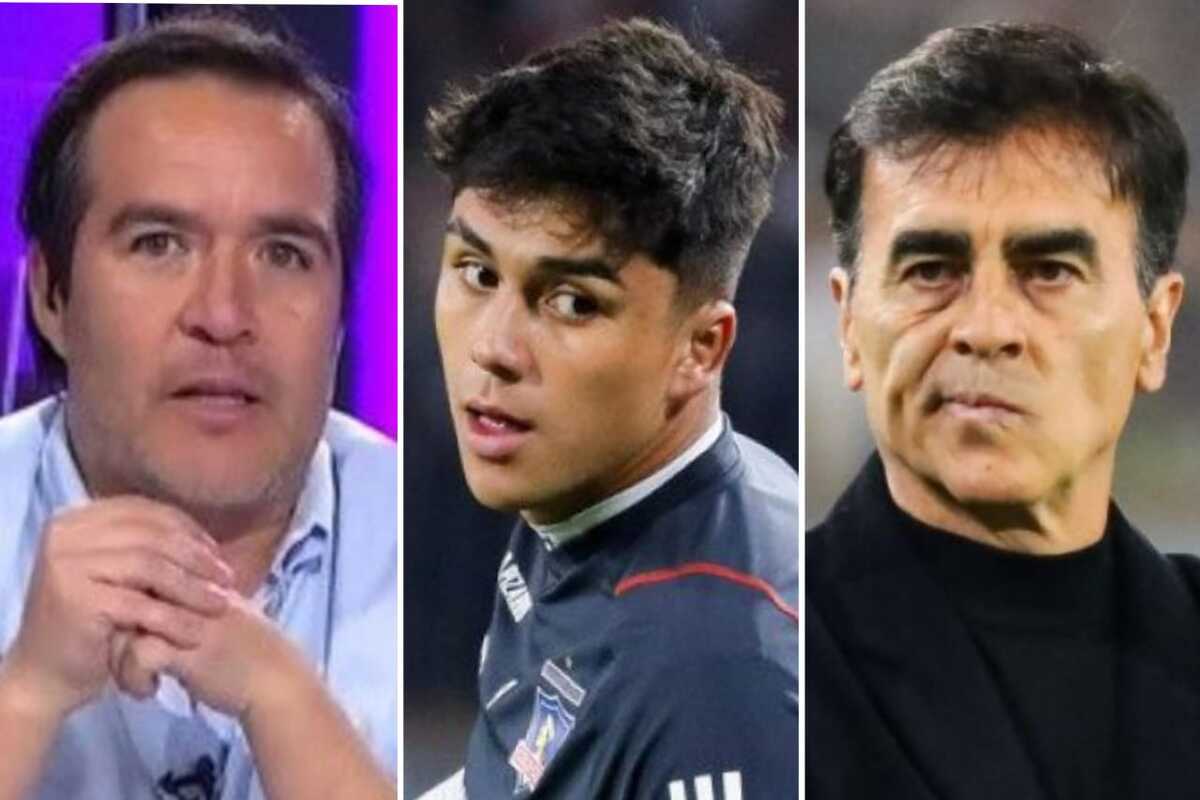 Primer plano al rostro del periodista deportivo Cristián Caamaño, sumado al de Damián Pizarro y Gustavo Quinteros, actual delantero y entrenador de Colo-Colo, respectivamente.