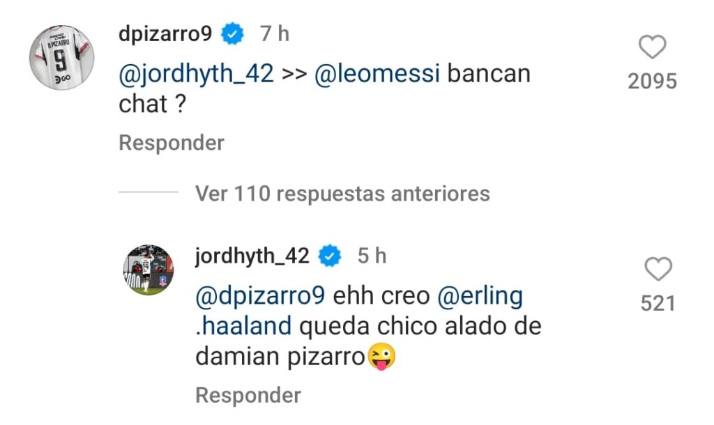 Diálogo en Instagram de Damián Pizarro y Jordhy Thompson tras la goleada sobre Cobresal.
