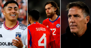 Primer plano al rostro sonriente de Jordhy Thompson, sumado a la cara de preocupación de Eduardo Berizzo y Ben Brereton, actual entrenador de la Selección Chilena y jugador de La Roja, respectivamente.