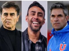 Primer plano a los rostros de Gustavo Quinteros, Jorge Valdivia y Mauricio Pellegrino, actual entrenador de Colo-Colo, comentarista deportivo y DT de Universidad de Chile, respectivamente.