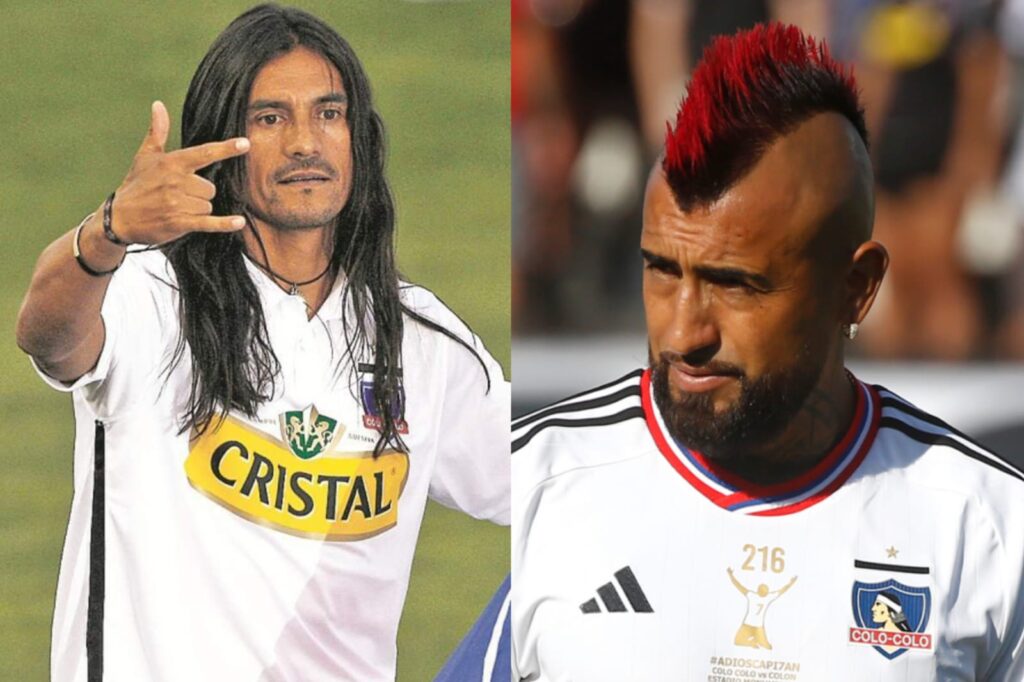 Primer plano a Gabriel Mendoza y Arturo Vidal con la camiseta de Colo-Colo.