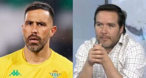 Primer plano a Claudio Bravo y Cristián Caamaño con cara de concentrados.