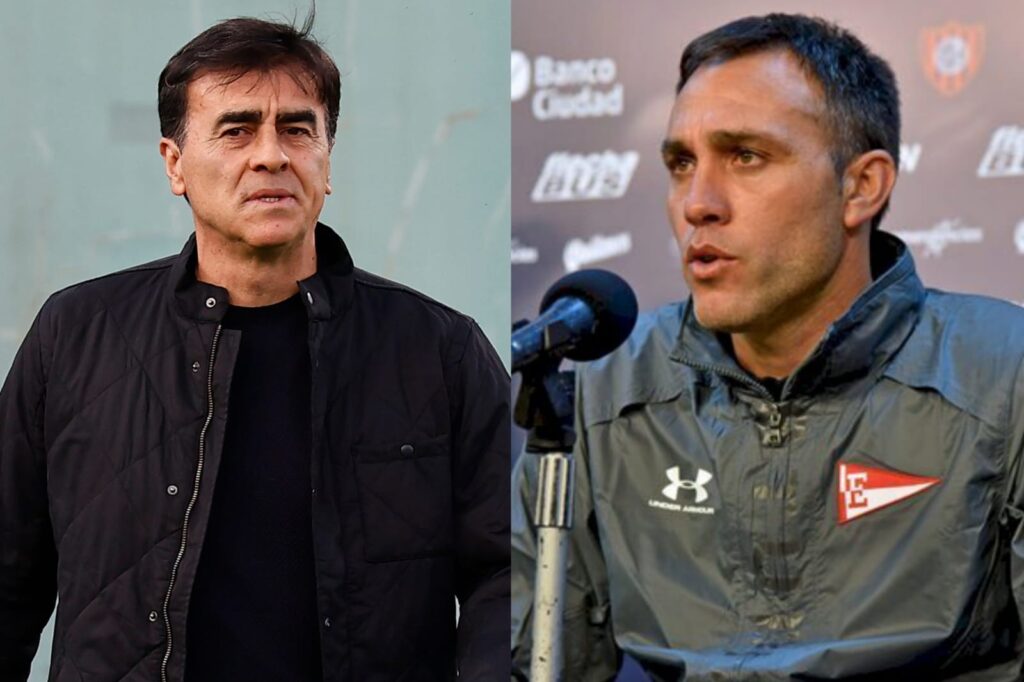 Gustavo Quinteros en el Estadio Monumental y Leandro Desábato con indumentaria de Estudiantes de La Plata