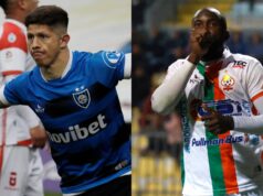 Cris Martínez y Cecilio Waterman celebrando sus goles con las camisetas de Huachipato y Cobresal