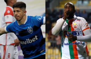 Cris Martínez y Cecilio Waterman celebrando sus goles con las camisetas de Huachipato y Cobresal