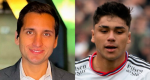 Primer plano al rostro de Daniel Arrieta sonriendo con un micrófono de TNT Sports en la mano, mientras que en el sector derecho aparece Damián Pizarro con cara de lamento mientras defiende la camiseta de Colo-Colo.