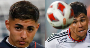Primer plano al rostro de los futbolistas de Colo-Colo Jordhy Thompson y Damián Pizarro.