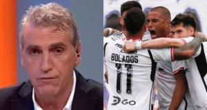 Primer plano al rostro de Jorge Pellicer, mientras que en el sector derecho de la imagen aparecen jugadores de Colo-Colo celebrando un gol durante el Superclásico 194 ante la Universidad de Chile.