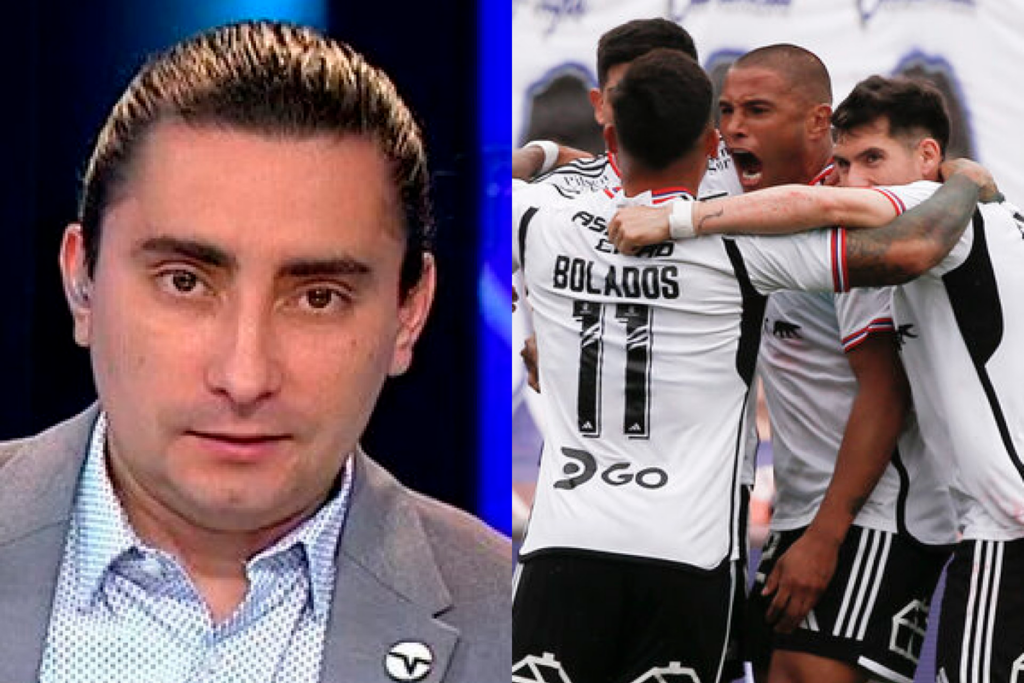 Primer plano al rostro serio del periodista Gastón Fauré de TNT Sports, mientras que en el sector derecho aparece los jugadores de Colo-Colo abrazados festejando un gol.