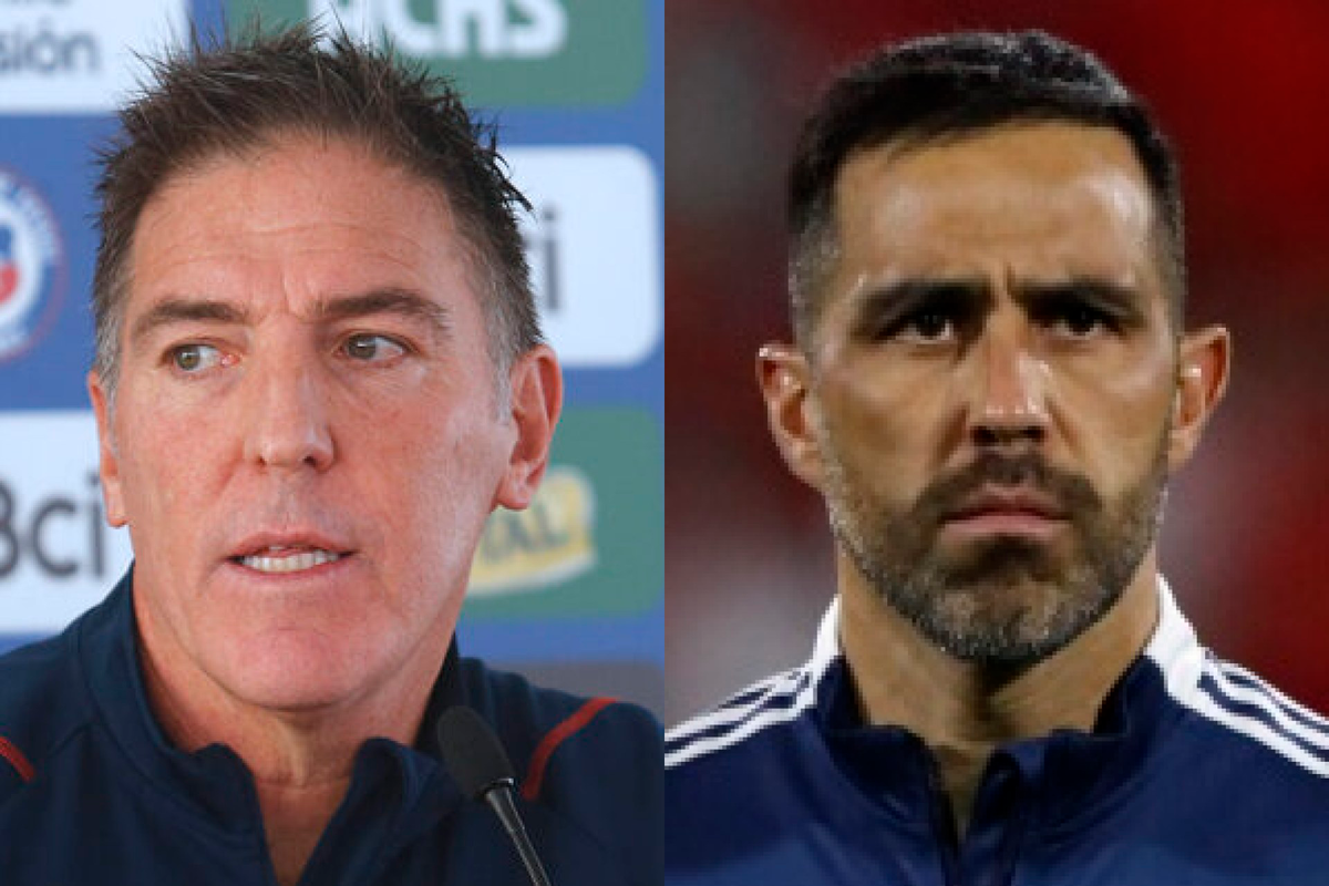 Primer plano a los rostros pensativos de Eduardo Berizzo y Claudio Bravo, actual entrenador de la Selección Chilena y jugador del Betis de España, respectivamente.