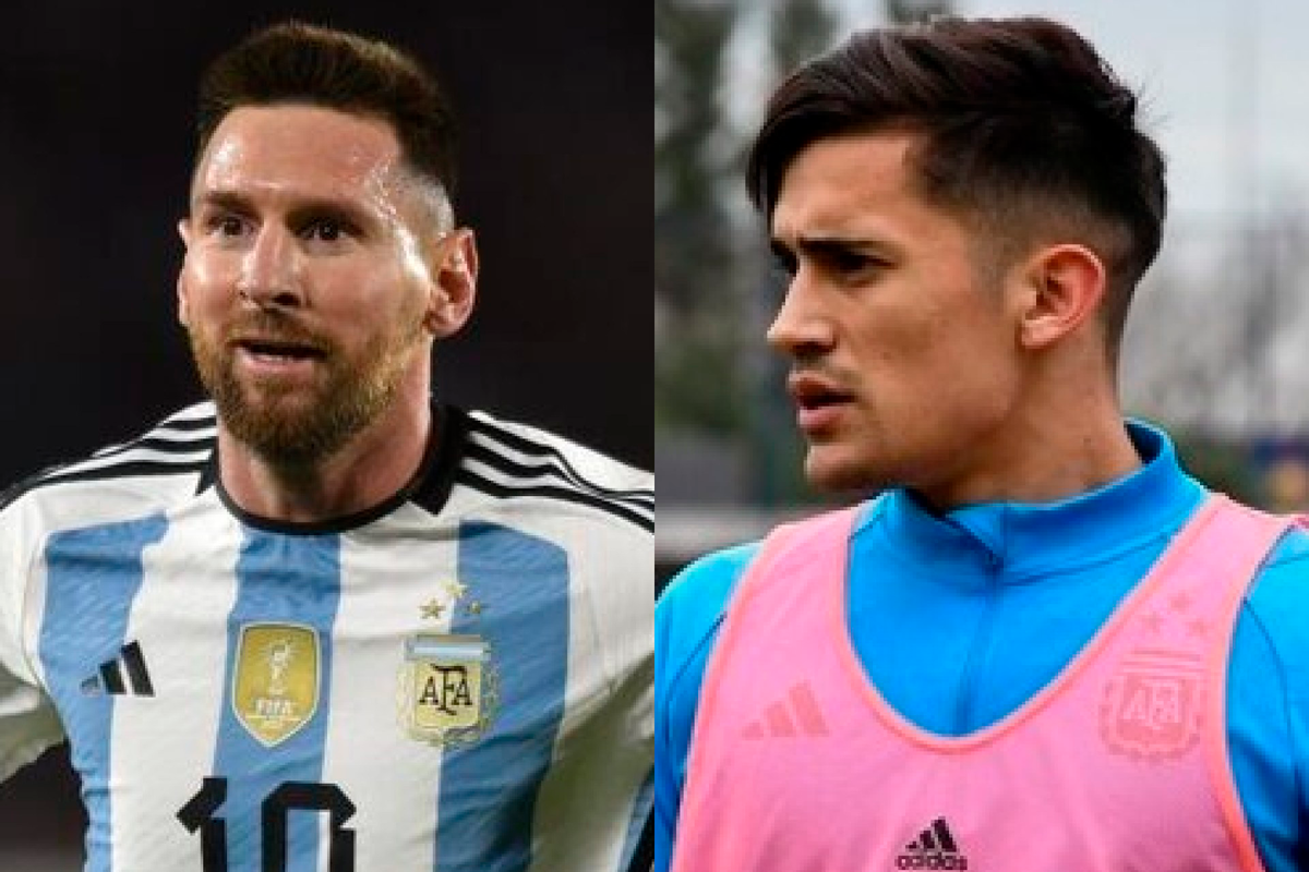 Primer plano a los rostros de Lionel Messi y Pablo Solari mientras defienden y entrenan junto a la Selección Argentina, respectivamente.