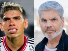 Primer plano al rostro de Carlos Palacios y Juan Cristóbal Guarello, actual jugador de Colo-Colo y periodista deportivo nacional, respectivamente.
