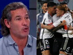 Primer plano al rostros de Dante Poli, mientras que a mano derecha aparecen los jugadores de Colo-Colo celebrando un gol durante la temporada 2023.