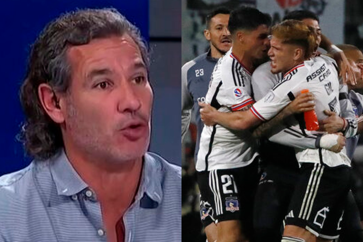 Primer plano al rostros de Dante Poli, mientras que a mano derecha aparecen los jugadores de Colo-Colo celebrando un gol durante la temporada 2023.