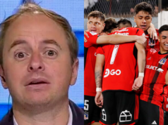 Primer plano al rostro del periodista Coke Hevia, sumado a los futbolistas de Colo-Colo celebrando un gol durante la temporada 2023.
