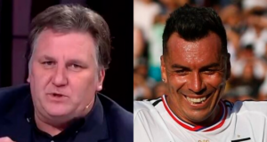 Primer plano al rostro serio de Luka Tudor y la cara sonriente de Esteban Paredes, ex futbolistas de Colo-Colo en diferentes épocas.