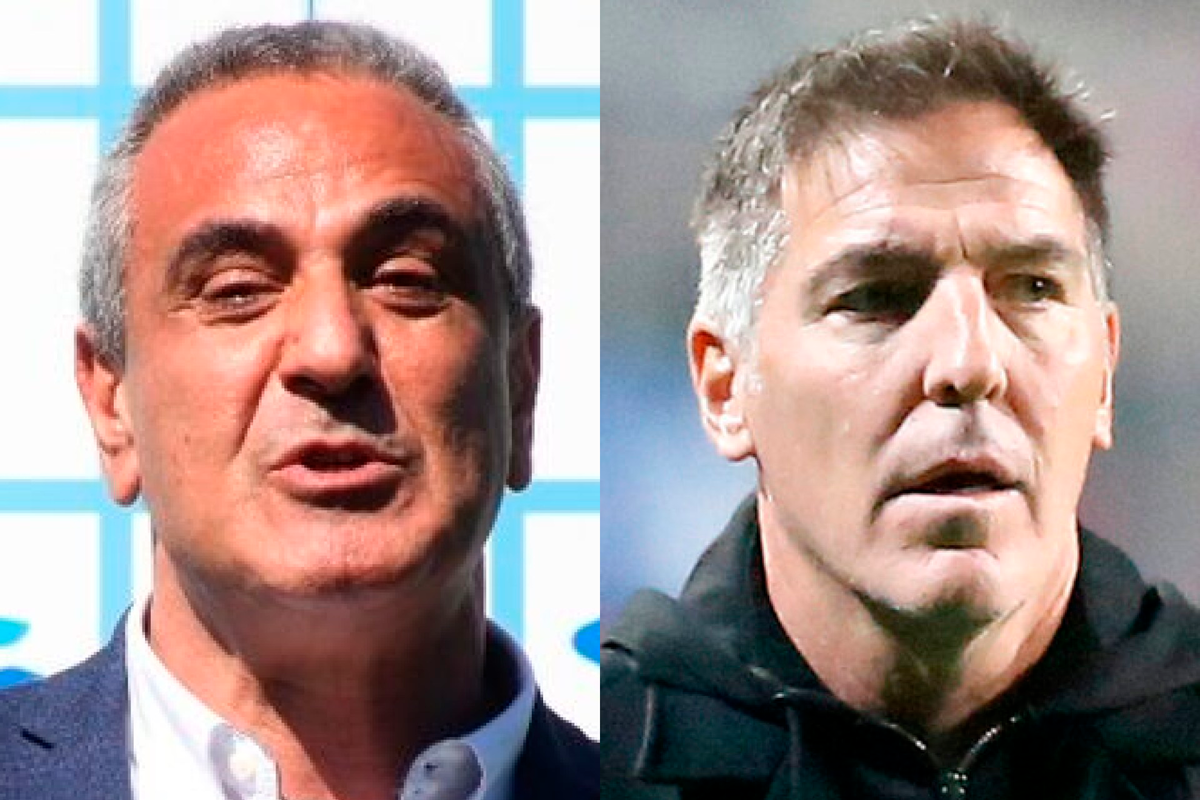 Primer plano a los rostros de Pablo Milad y Eduardo Berizzo, actual presidente de la ANFP y entrenador de la Selección Chilena, respectivamente.