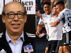 Primer plano al rostro sonriente de Alfredo St´öhwing, presidente de Blanco y Negro, sumado a los futbolistas de Colo-Colo celebrando un gol durante la temporada 2023.