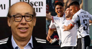 Primer plano al rostro sonriente de Alfredo St´öhwing, presidente de Blanco y Negro, sumado a los futbolistas de Colo-Colo celebrando un gol durante la temporada 2023.
