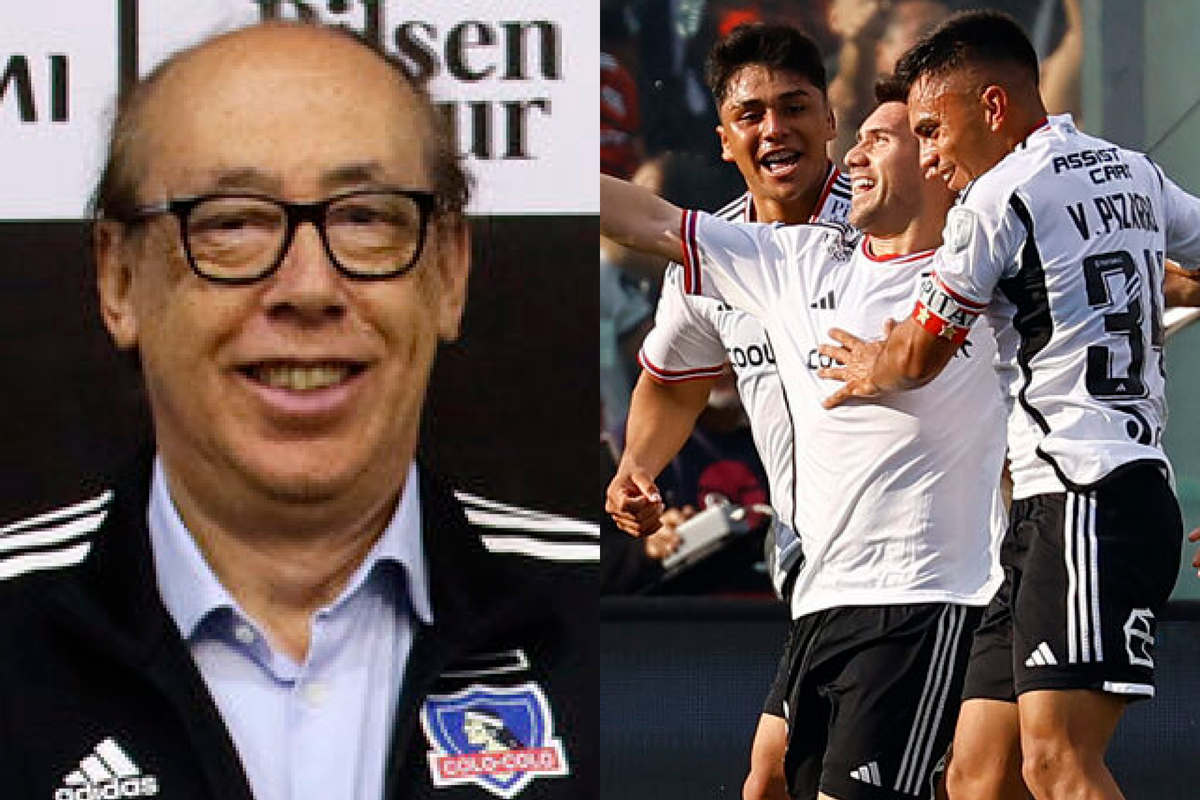 Primer plano al rostro sonriente de Alfredo St´öhwing, presidente de Blanco y Negro, sumado a los futbolistas de Colo-Colo celebrando un gol durante la temporada 2023.