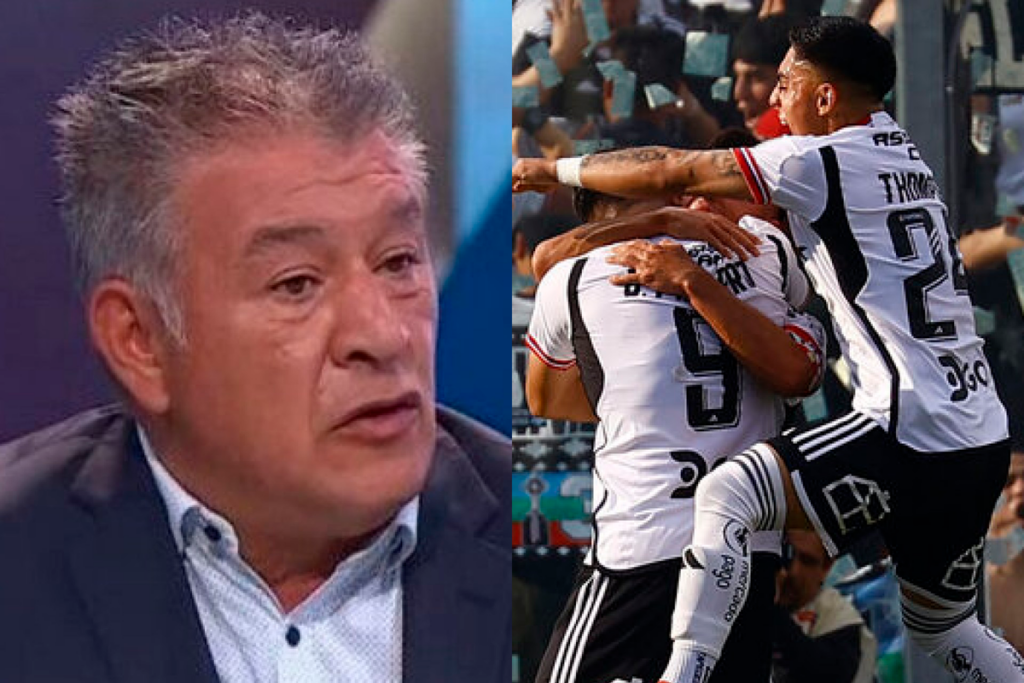 Primer plano al rostro sorprendido de Claudio Borghi, sumado a los futbolistas de Colo-Colo a mano derecha celebrando un gol durante la temporada 2023.