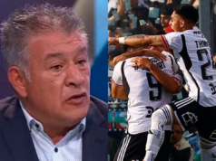 Primer plano al rostro sorprendido de Claudio Borghi, sumado a los futbolistas de Colo-Colo a mano derecha celebrando un gol durante la temporada 2023.