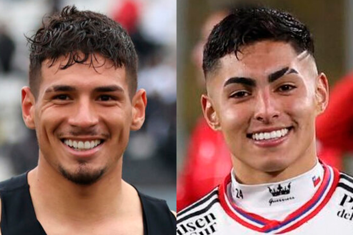 Primer plano a los rostros sonrientes de Alan Saldivia y Jordhy Thompson, futbolistas de Colo-Colo durante la temporada 2023.