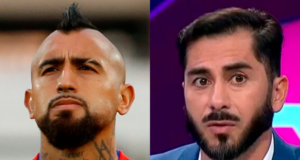 Primer plano al rostro de Arturo Vidal y Johnny Herrera, actual jugador de la Selección Chilena y panelista deportivo, respectivamente.