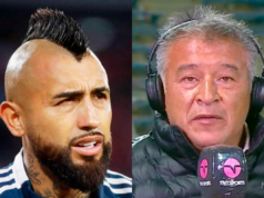 Primer plano al rostro de Arturo Vidal y Claudio Borghi, actual futbolista del Athletico Paranaense y comentarista deportivo, respectivamente.