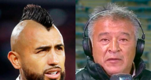 Primer plano al rostro de Arturo Vidal y Claudio Borghi, actual futbolista del Athletico Paranaense y comentarista deportivo, respectivamente.