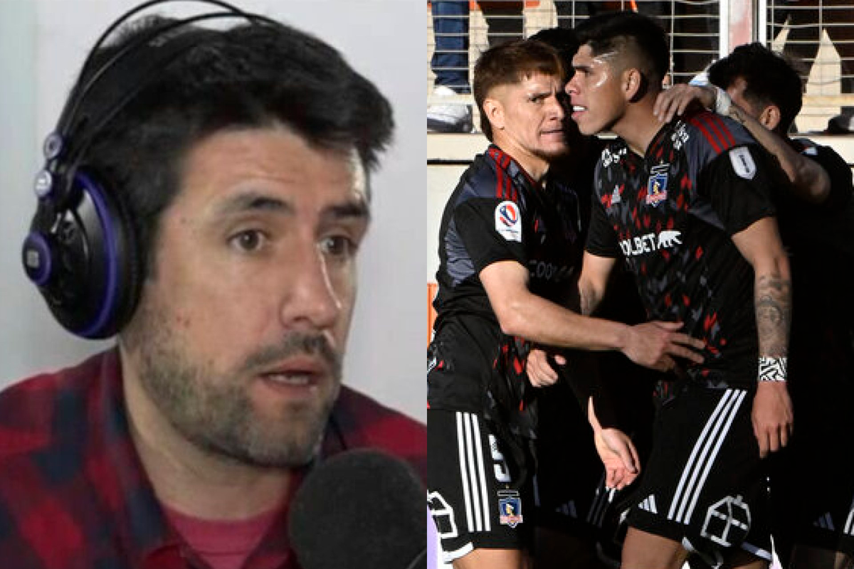 Primer plano al rostro del periodista Francisco Eguiluz, sumado a los futbolistas de Colo-Colo celebrando un gol durante la temporada 2023.