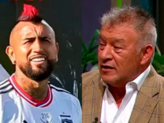 Primer plano al rostro de Arturo Vidal y Claudio Borghi, actual jugador de Athletico Paranaense y comentarista deportivo, respectivamente.