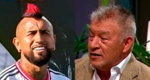 Primer plano al rostro de Arturo Vidal y Claudio Borghi, actual jugador de Athletico Paranaense y comentarista deportivo, respectivamente.
