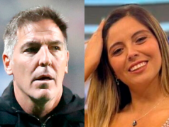 Primer plano al rostro de preocupación de Eduardo Berizzo y la cara sonriente de Verónica Bianchi, actual entrenador de la Selección Chilena y periodista deportiva de TNT Sports, respectivamente.