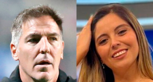 Primer plano al rostro de preocupación de Eduardo Berizzo y la cara sonriente de Verónica Bianchi, actual entrenador de la Selección Chilena y periodista deportiva de TNT Sports, respectivamente.