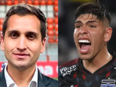 Primer plano al rostro de Daniel Arrieta, periodista de TNT Sports y el jugador de Colo-Colo, Carlos Palacios.
