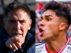 Eduardo Berizzo apuntando con su dedo, mientras que a mano derecho aparece el futbolista de Colo-Colo Damián Pizarro bastante eufórico.