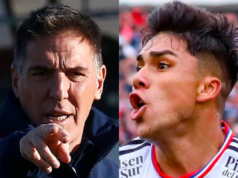 Eduardo Berizzo apuntando con su dedo, mientras que a mano derecho aparece el futbolista de Colo-Colo Damián Pizarro bastante eufórico.