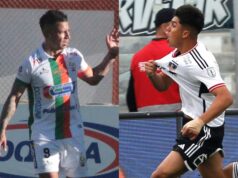 Leonardo Valencia y Damián Pizarro celebrando los goles de sus equipos con las camisetas de Cobresal y Colo-Colo, respectivamente.