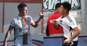 Leonardo Valencia y Damián Pizarro celebrando los goles de sus equipos con las camisetas de Cobresal y Colo-Colo, respectivamente.